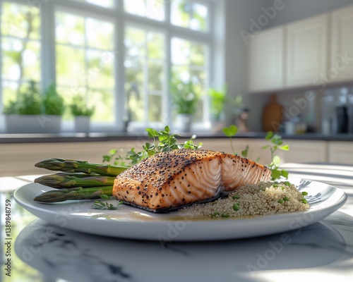 A grilled salmon fillet with a golden, crispy crust, served alongside steamed asparagus and quinoa on a matte ceramic plate.