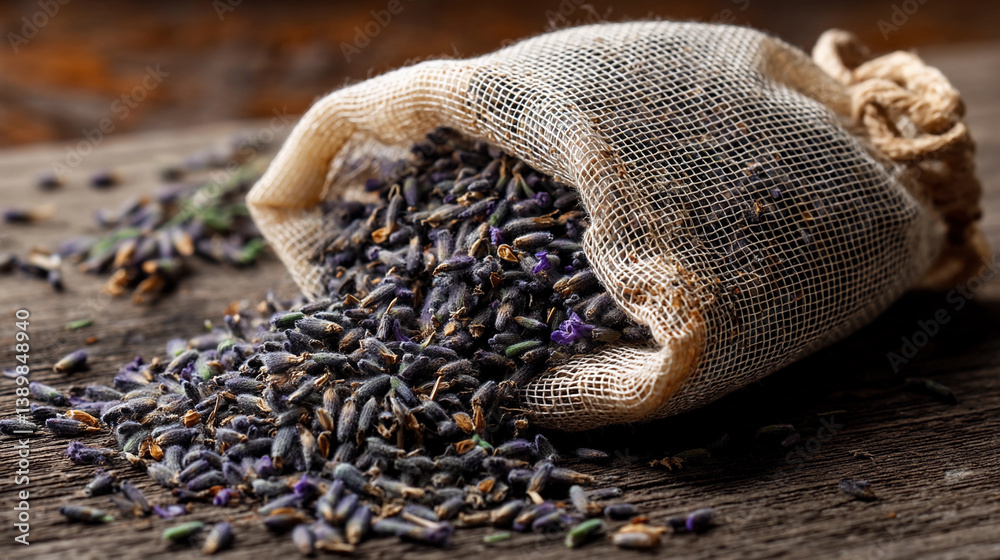 Dried lavender buds in mesh sachet creating a fragrant and rustic decoration for home or gifts Dried lavender buds in mesh sachet creating a fragrant and rustic decoration for home or gifts