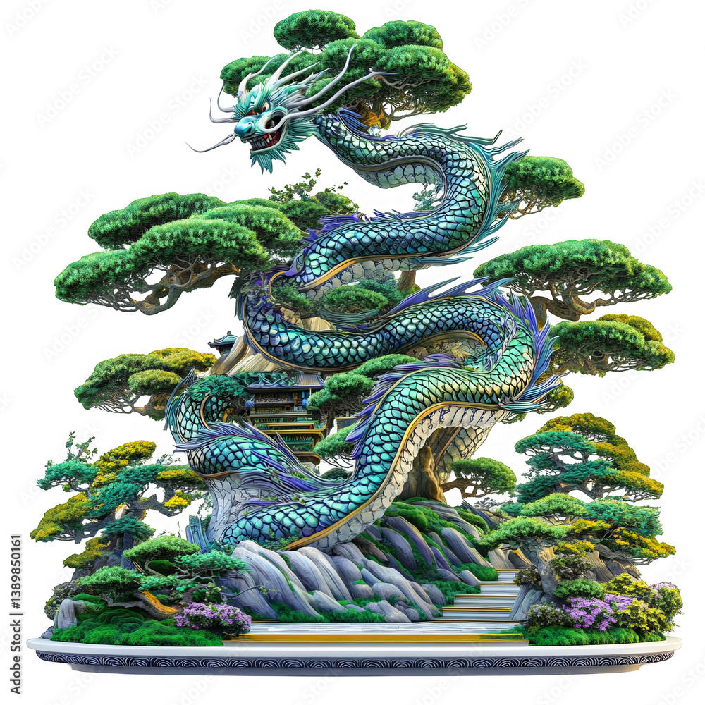 Obraz premium Illustration Of A Mythical Dragon And Bonsai Tree In Green Art