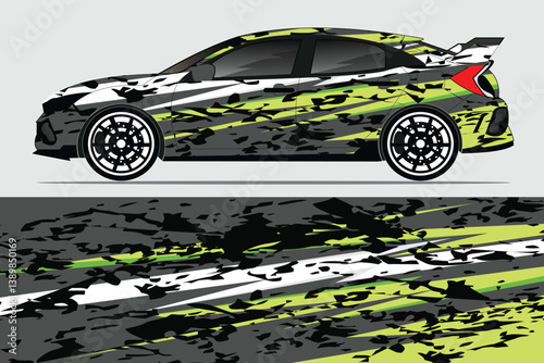 Stylishly wrapped sports car showcasing a dynamic design in a minimalist urban setting
