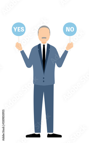 Simple illustration of businessman in business suit holding a yes-no stick