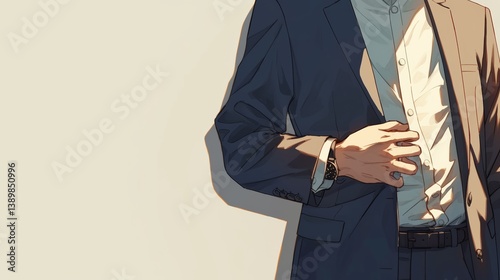 simple, clean and minimalist anime man wearing suite,ads photo, empty background with minimalist style, perfect lighting and shadows