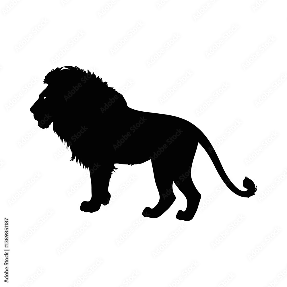 A black and white vector silhouette of a resting lion lying down with its head held high on a white background A black and white vector silhouette of a resting lion lying down with its head held high on a white background
