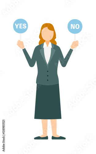 Simple illustration of businesswoman in business suit holding a yes-no stick