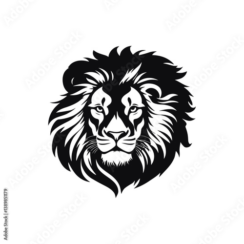 A black and white vector silhouette of a roaring lion with its mouth open and mane flaring on a white background