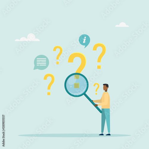 Frequently asked questions concept, investigation, information search. Character holds magnifying glass and searches for answer. Vector illustration.
