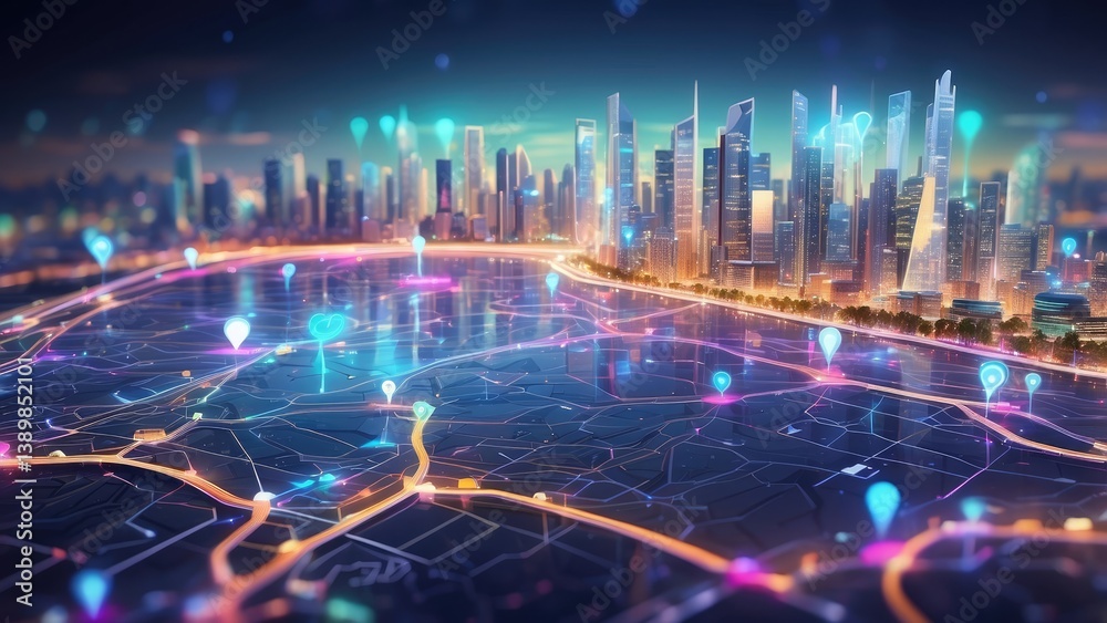 Fototapeta premium A stylized 3D rendering of a digital map with numerous pin markers