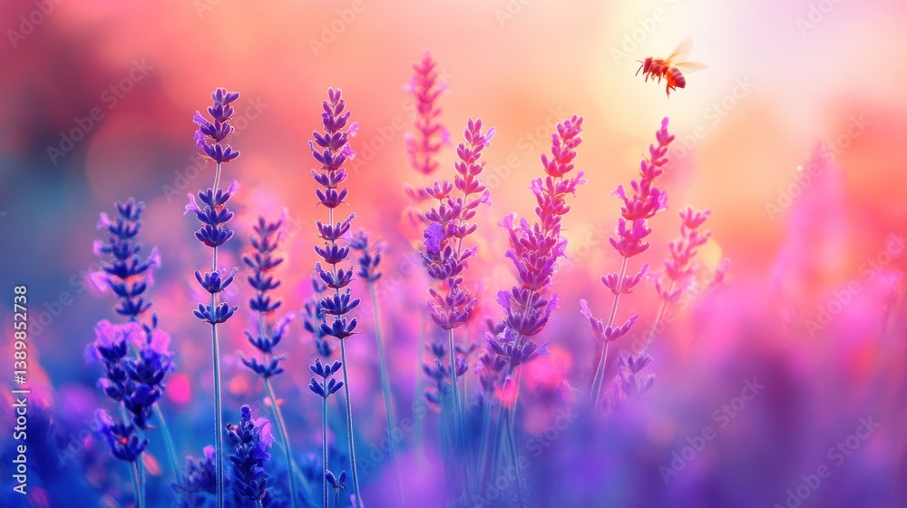 Obraz premium Lavender Field Sunset: A Bee's Flight