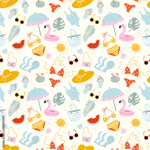 Summer seamless pattern with watermelon, swimsuits, pink inflatable flamingo for the pool, cocktail, sun umbrella, monstera. Cute beach and vacation hand drawn doodle elements. Vector illustration
