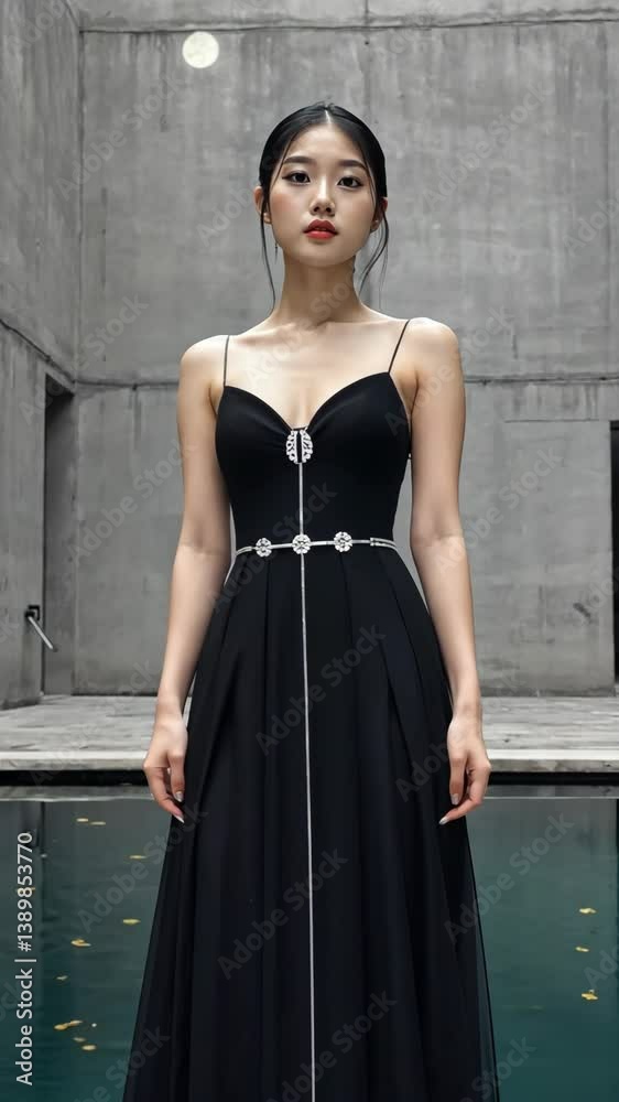 Elegant woman in black dress poses by modern pool at a contemporary architectural site in bright daylight Elegant woman in black dress poses by modern pool at a contemporary architectural site in bright daylight