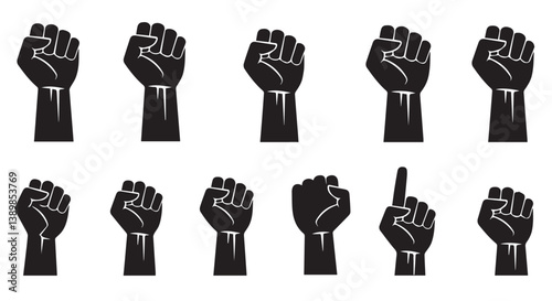 Fist silhouette set, sign of power, strength, isolated on white, raised and closed fist icons, strength, power and solidarity, Raised fist, sign of power, isolated on white