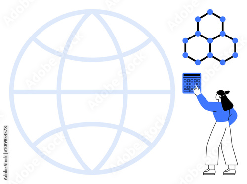Woman operating calculator near molecular structure and global grid. Ideal for science, education, technology, networking, analytics, global interconnectedness, innovation. Flat simple metaphor
