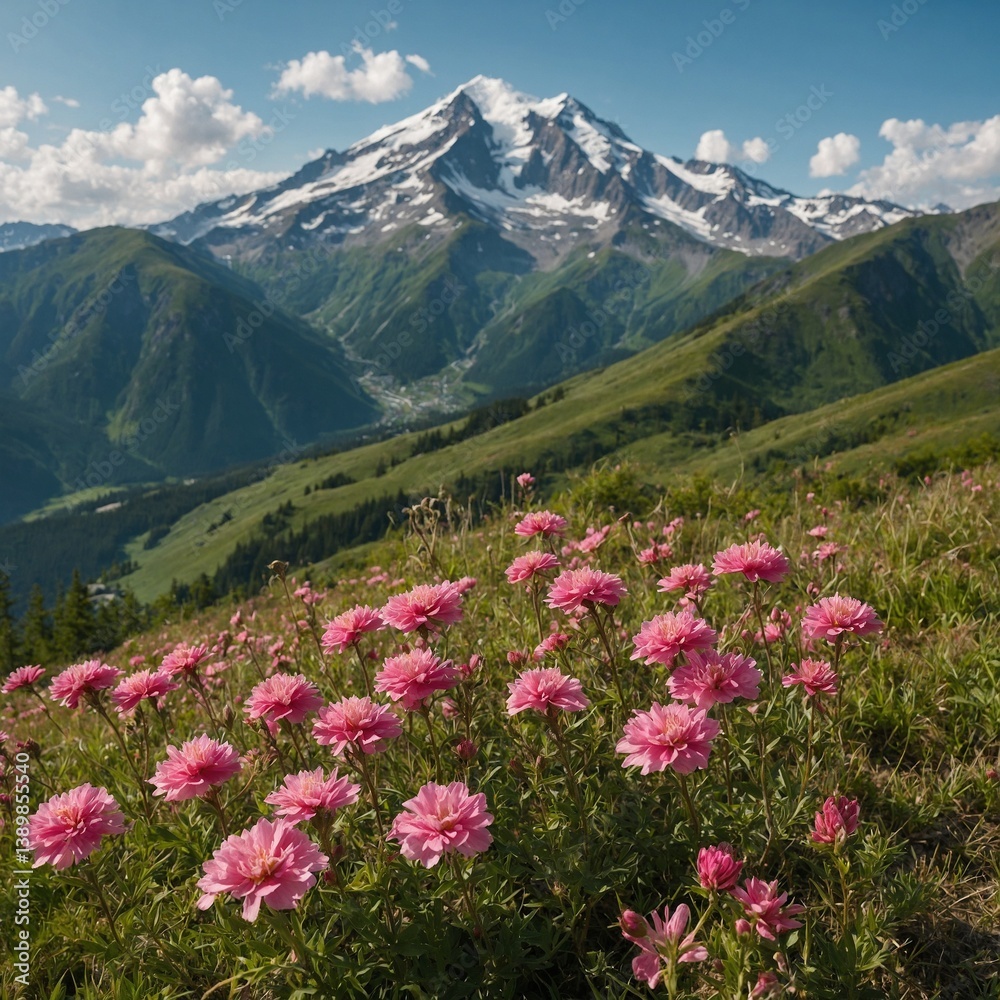 Obraz premium Magical Pink Flowers Amid Summer Mountain Greenery, Pink Flowers in a Magical Summer Mountain Setting, Magical Pink Flowers in a Lush Green Mountain Landscape, Summer with Magical Pink Flowers