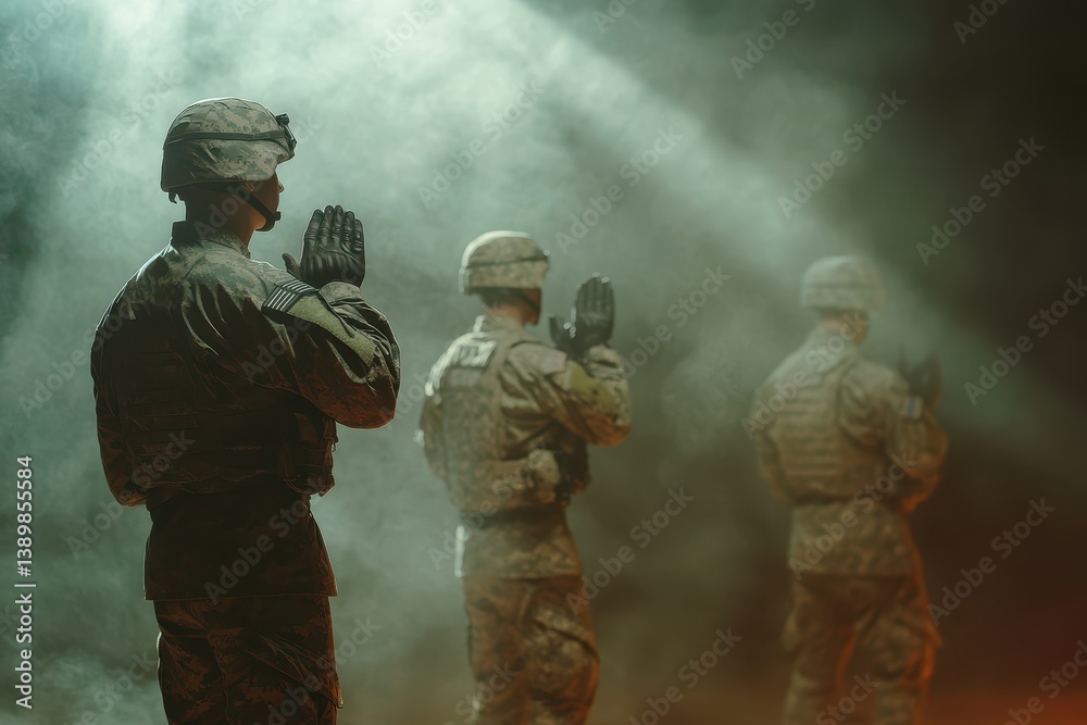 Fototapeta premium Three soldiers standing at attention in misty light.