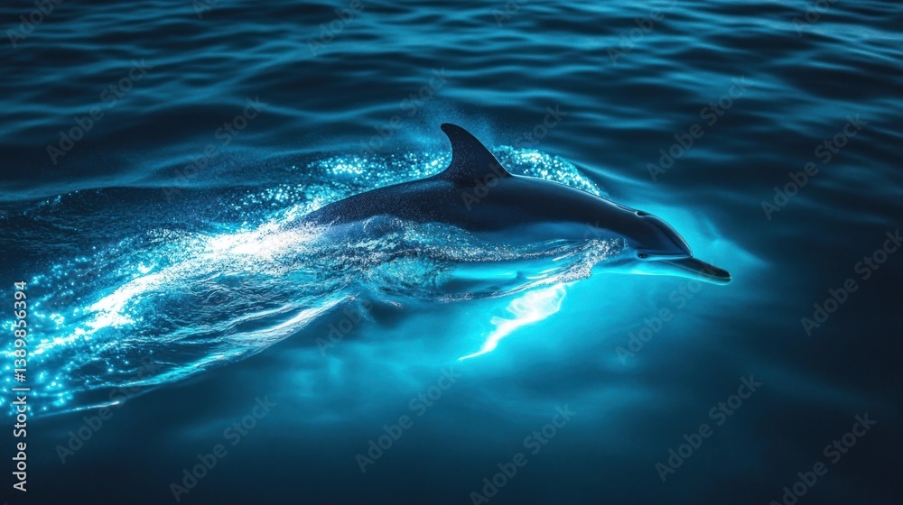 Fototapeta premium A dolphin swimming gracefully through illuminated waters.