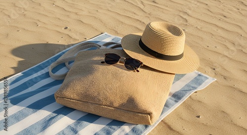 Minimalist beach tote bag with sun hat and sunglasses on a striped towel, soft shadow, sand background, summer mood