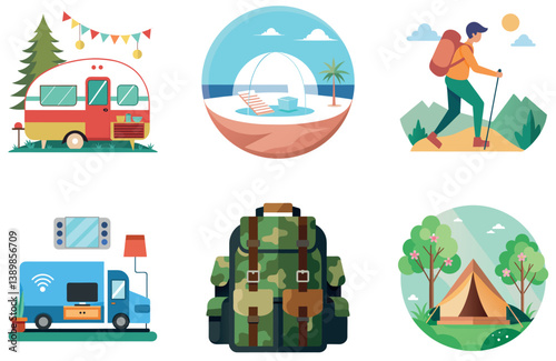 Camping Bundle. Mountainous Campsite Sunset Collection Stickers