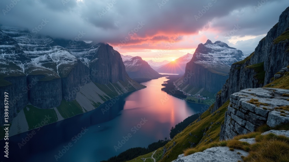 Obraz premium Tranquil landscape in Norway, Europe during dawn, with cloudy weather, captured from a view from above perspective.