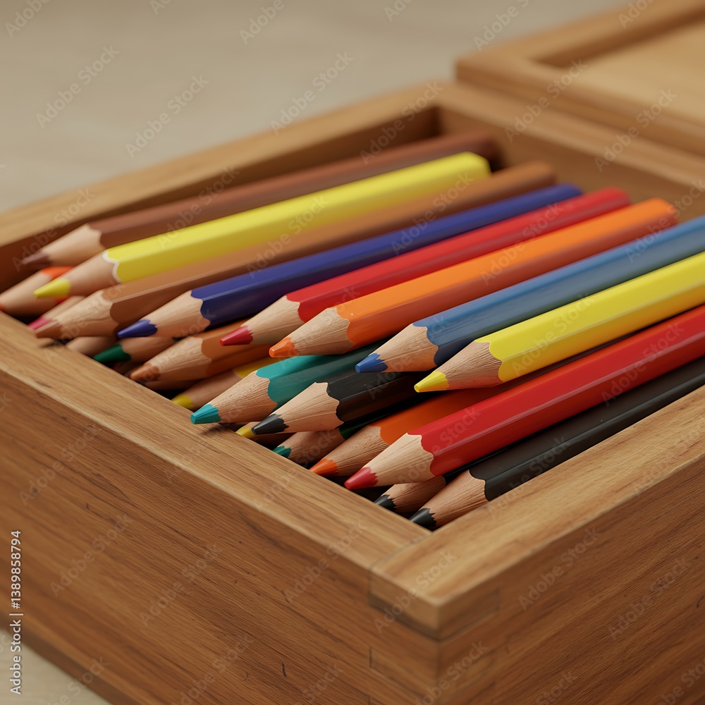 Obraz premium Colorful Pencils in Wooden Box Close-up Art Supplies Still Life