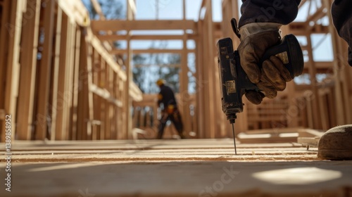 A construction worker using a nail gun to secure framing wood. Featuring speed and accuracy