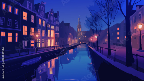 Amsterdam Waterways at Twilight with Streetlights