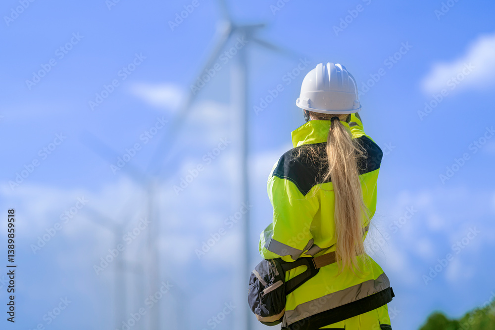 Fototapeta premium An engineer in high visibility work gear and a hard hat points toward a wind turbine in the background. The scene highlights renewable energy and the professional's involvement.