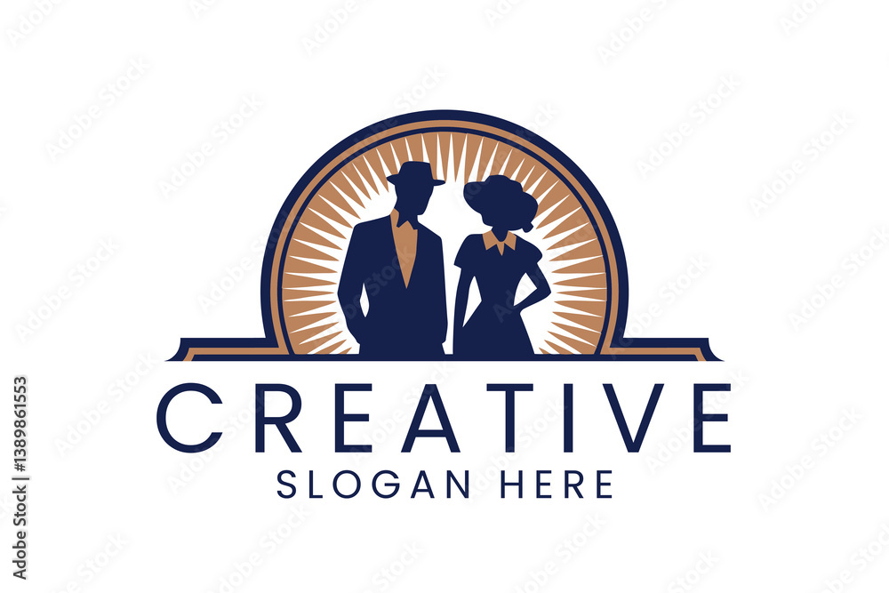 Obraz premium Elegant Couple Vintage Retro Style Logo Design man art icon gold blue dark woman