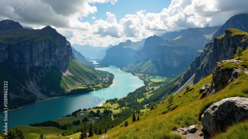 Flem Valley in Norway at mid-day, showcasing natural landscapes in sunny weather, viewed from a high angle. photo