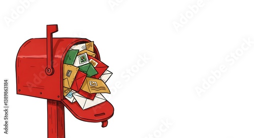 Illustration of a red mailbox overflowing with colorful envelopes and letters on a white background