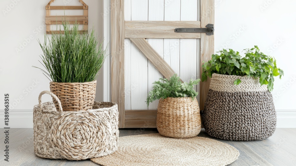 Fototapeta premium Rustic farmhouse decor plants in woven baskets near white door accentuating modern living room style