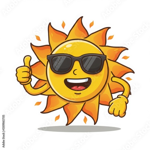 Cartoon sun character wearing sunglasses and giving a thumbs up on a white background