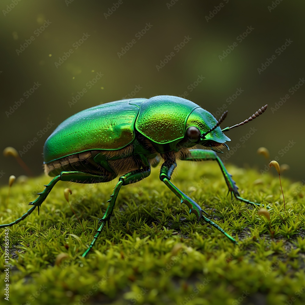 Naklejka premium Emerald Beetle on Moss Macro Closeup Nature Insect Wildlife Image