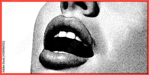 Red Frame Mouth Punk Art Scream Vector Crazy Vintage Pop – Grunge Halftone Background for Loud Retro Female Expression.