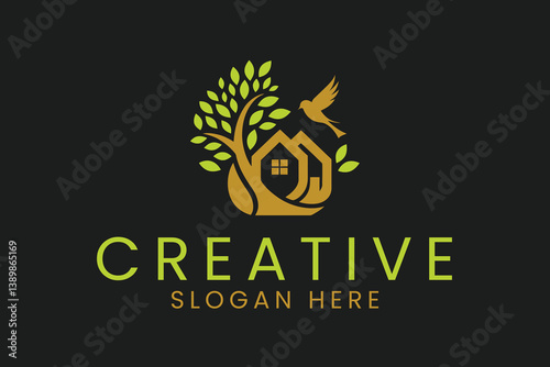 Golden House Tree Logo Design Bird Nature Green home icon leaf nest peace clean 