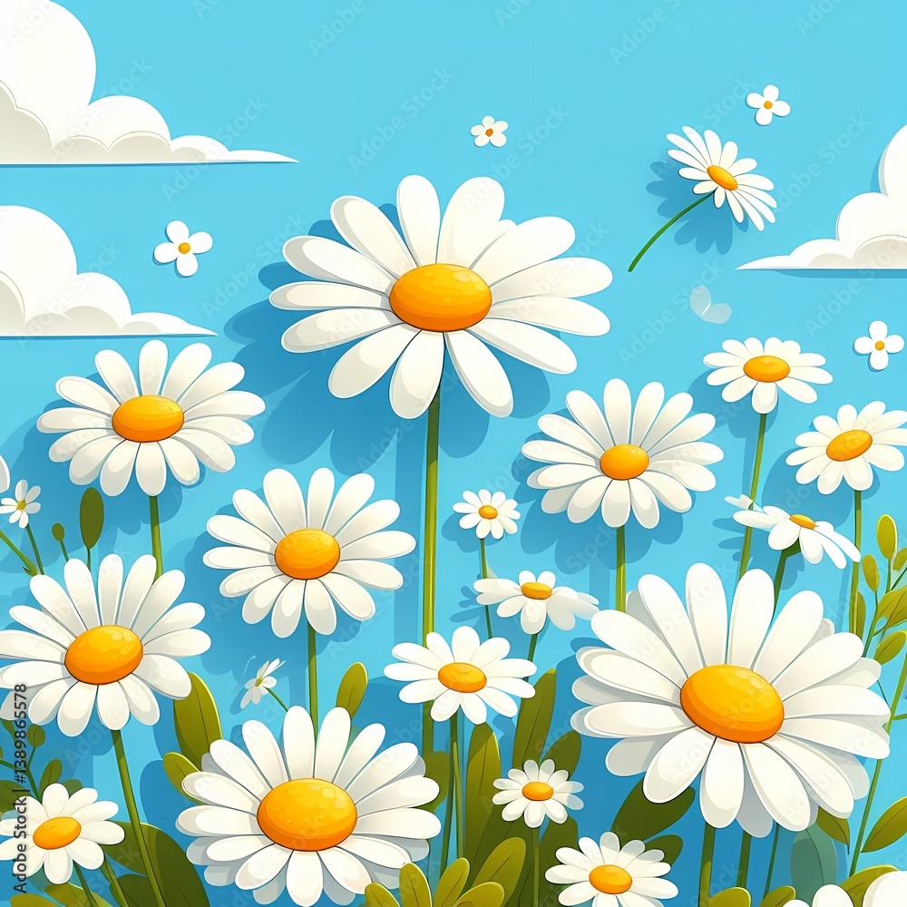 A delightful summer scene of daisies blooming under a bright blue sky with fluffy white clouds A delightful summer scene of daisies blooming under a bright blue sky with fluffy white clouds