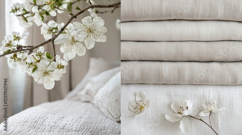 Serene linen stack with blossom details captures a peaceful domesticity in a natural light setting promoting calm home decor