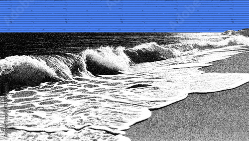 A blue sea-inspired collage with ocean textures, retro beach vibes, scrapbook waves, and water-themed vintage paper layers.
