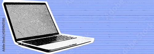 Pop art collage of blue retro laptop vibes — digital work meets classic style in a bold halftone aesthetic