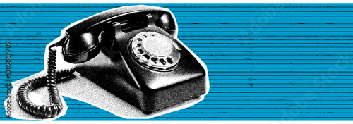  Lined blue background with retro phone collage art — a vintage-style call for attention with bold textures