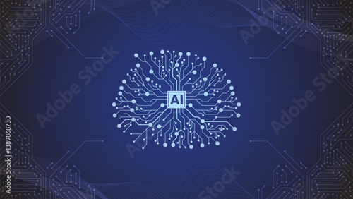 Artificial Intelligence. Big Data And Ai Circuit Concept. Machine Learning And Cyber Mind Domination Concept In Form Of Digital Brain Outline With Circuit Board And Binary Data Flow On Blue Background
