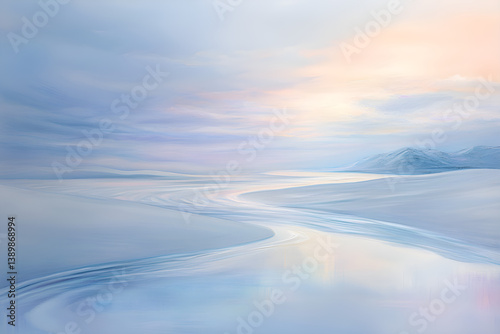 White sand with abstract wind patterns, soft pastel sky reflections, peaceful and serene