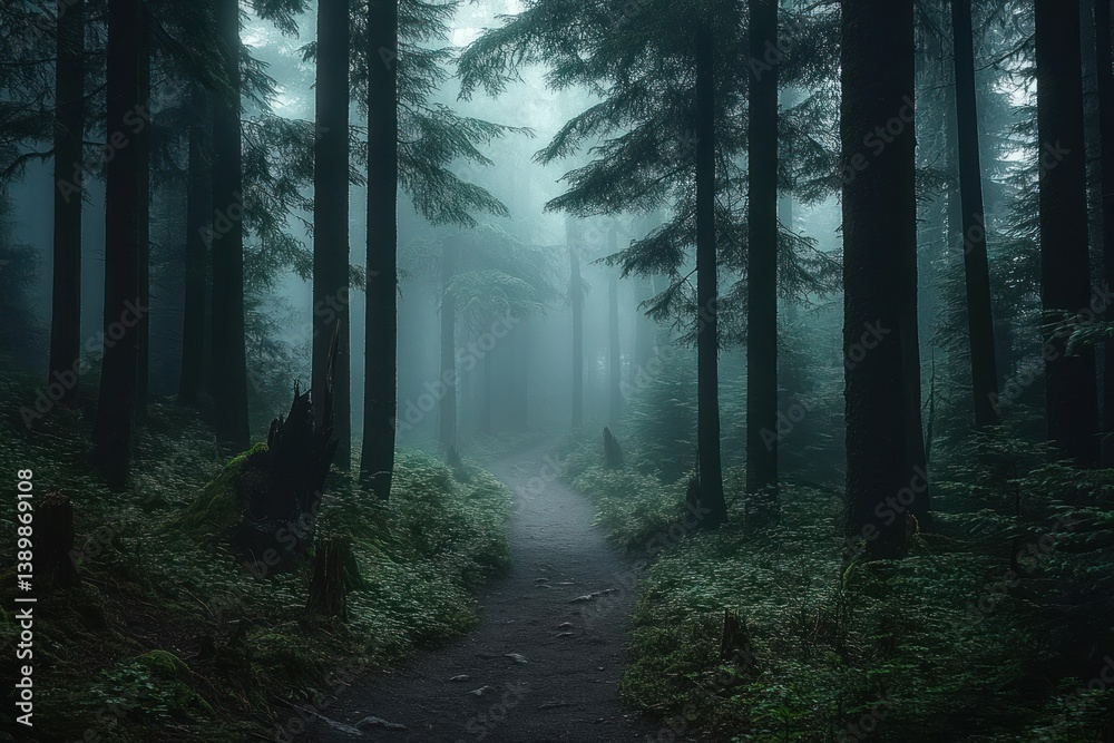 Fototapeta premium Misty Forest Pathway in the Pacific Northwest with Soft Light and Atmospheric Scenery