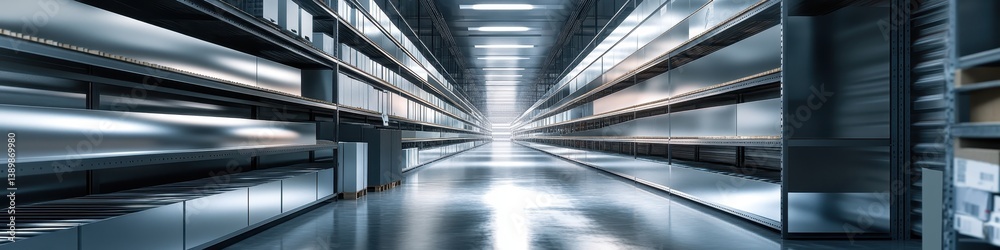Empty futuristic warehouse with reflective metal shelves. Empty futuristic warehouse with reflective metal shelves.