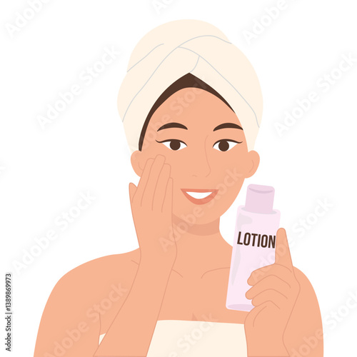 A smiling girl holds a bottle with the inscription LOTION in one hand, and with the other hand touches her cheek, as if she just applied the lotion. She has a white towel on her head, her body is cove