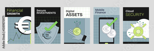 Digital wealth management is depicted with coins, graphs, and shields, symbolizing security and growth. Neubrutalism style