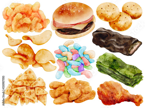 Watercolor Fast Food and Snack Clipart Set Hand Painted Chips Burger Candy Nuggets Seaweed Crackers Artistic Junk Food Illustration