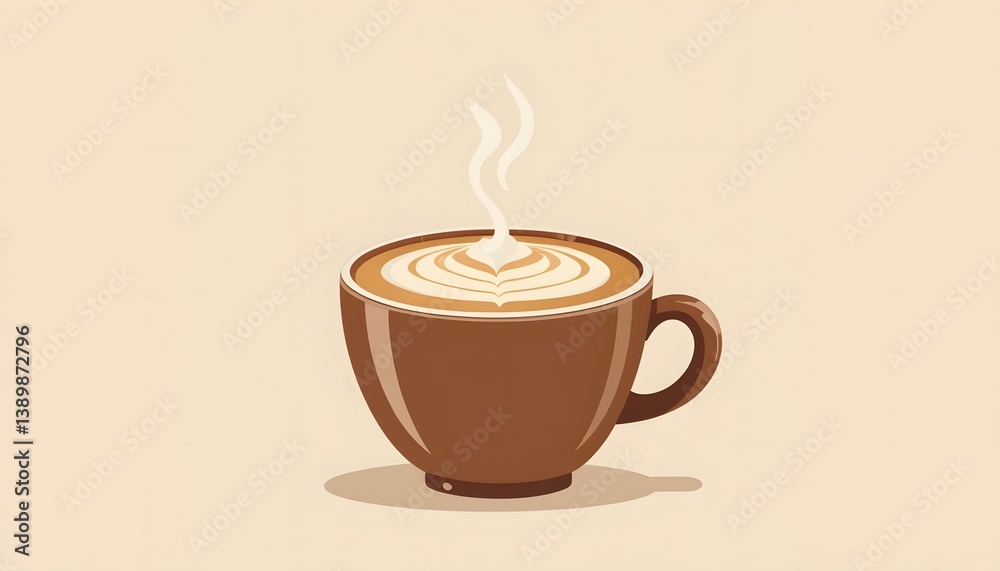 Obraz premium Aromatic Steaming Cup of Latte Art Coffee: Brown Mug with Delicate Milk Foam Design