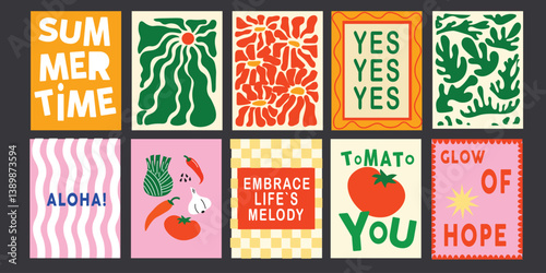 Collection of colorful and creative illustrations with positive vibes and food-inspired quotes for cafe branding, menus, art posters, greetings