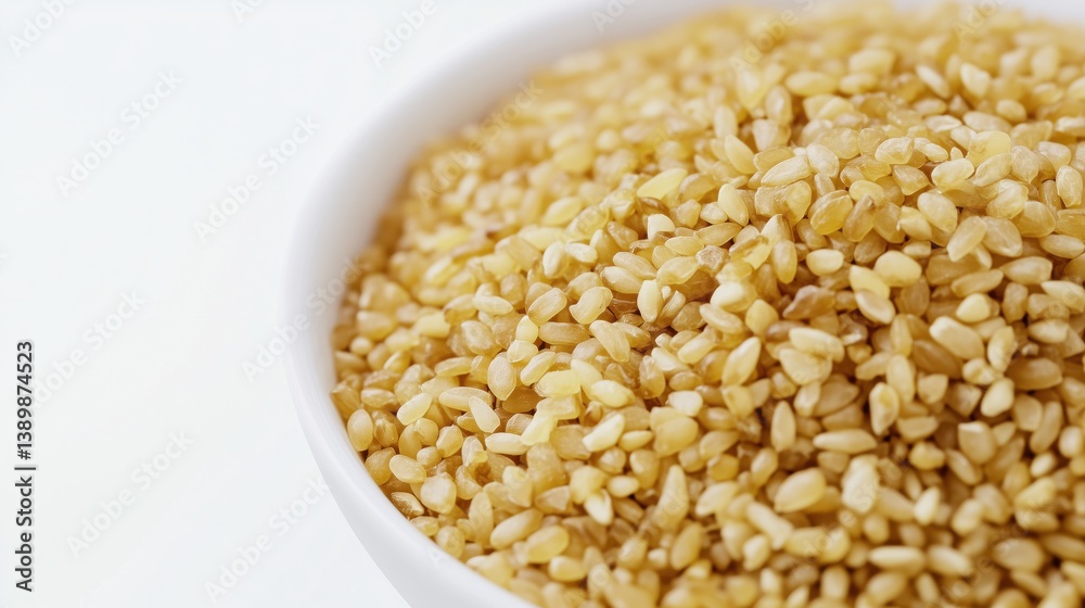 Golden bulgur wheat in white ceramic bowl on bright background Golden bulgur wheat in white ceramic bowl on bright background