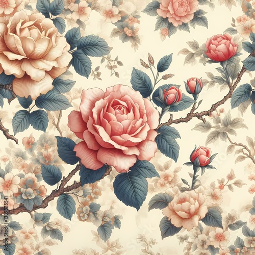 Wallpaper Mural Elegant Vintage Floral Pattern with Pink and Peach Roses and Delicate Blossoms on a Cream Background Torontodigital.ca